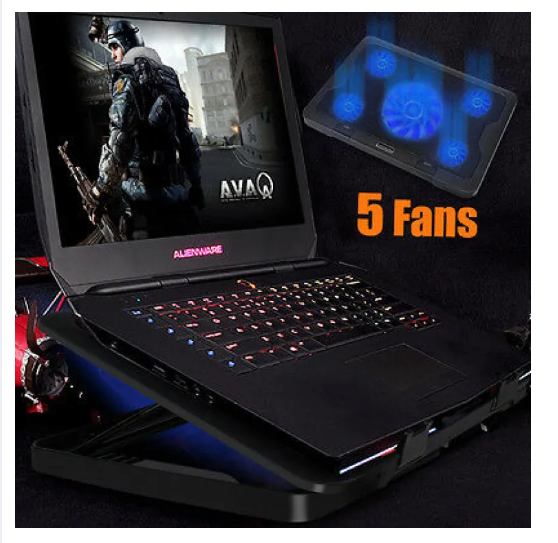 5 FAN Super Silent Laptop Cooling Pad - Adjustable Blue LED Notebook Cooler Holder for 12-17" Laptops