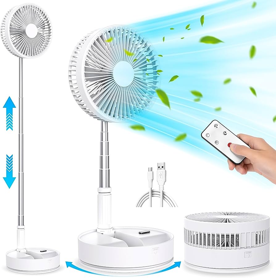 Remote control Portable Standing Fan, 7.5" Foldable Desk Fan, 7200mah Battery & USB Powered 4 Speeds Quiet Fan, Mini Foldaway Floor Fan,(Off white)