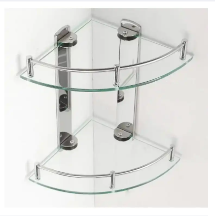 Bathroom Corner Shelf 2 Tier Shelves Glass Shower Wall Mounted Storage Shelving / Bathroom Glass Bath Shower Triangular Shelf Holder Organizer Single Layer Modern Style Glass Bathroom Shelves